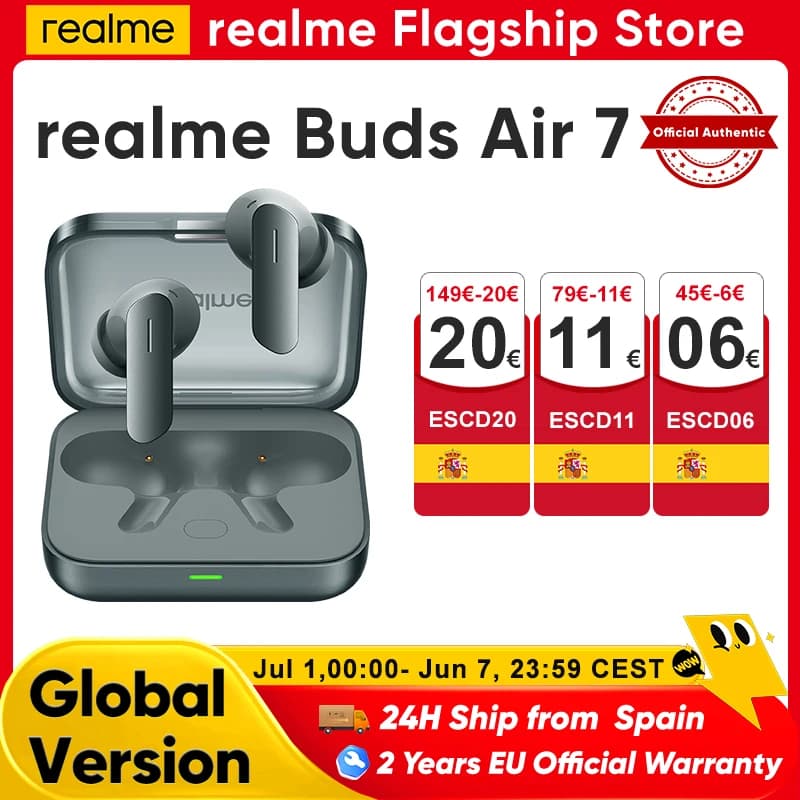 Audífonos Inalámbricos realme Buds Air 7 con Bluetooth para Smartphone realme GT7 Pro realme 14 Pro Plus, 52 Horas de Duración de Batería