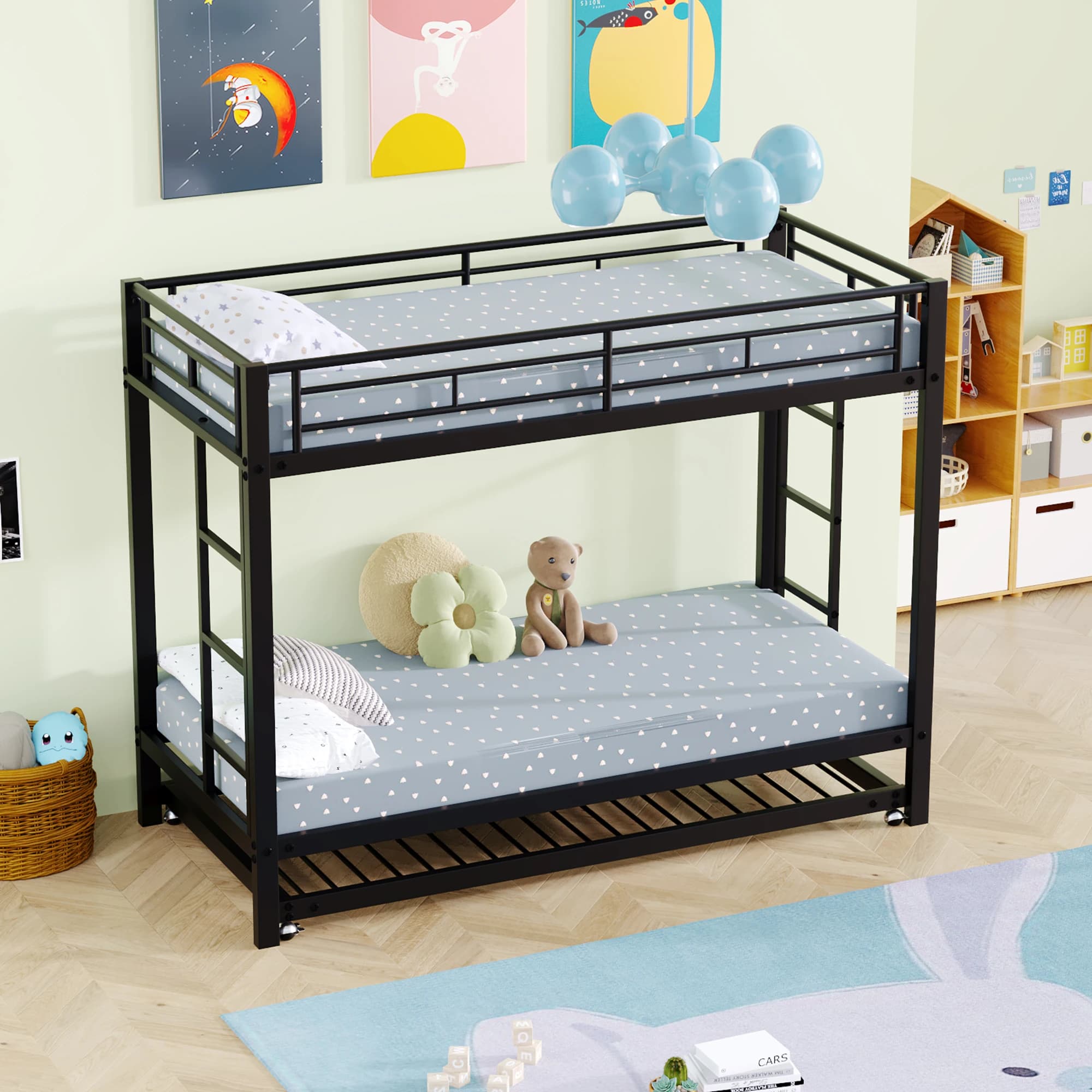Cama litera metálica negra Okwishokwish de 90x200cm con cama extraíble