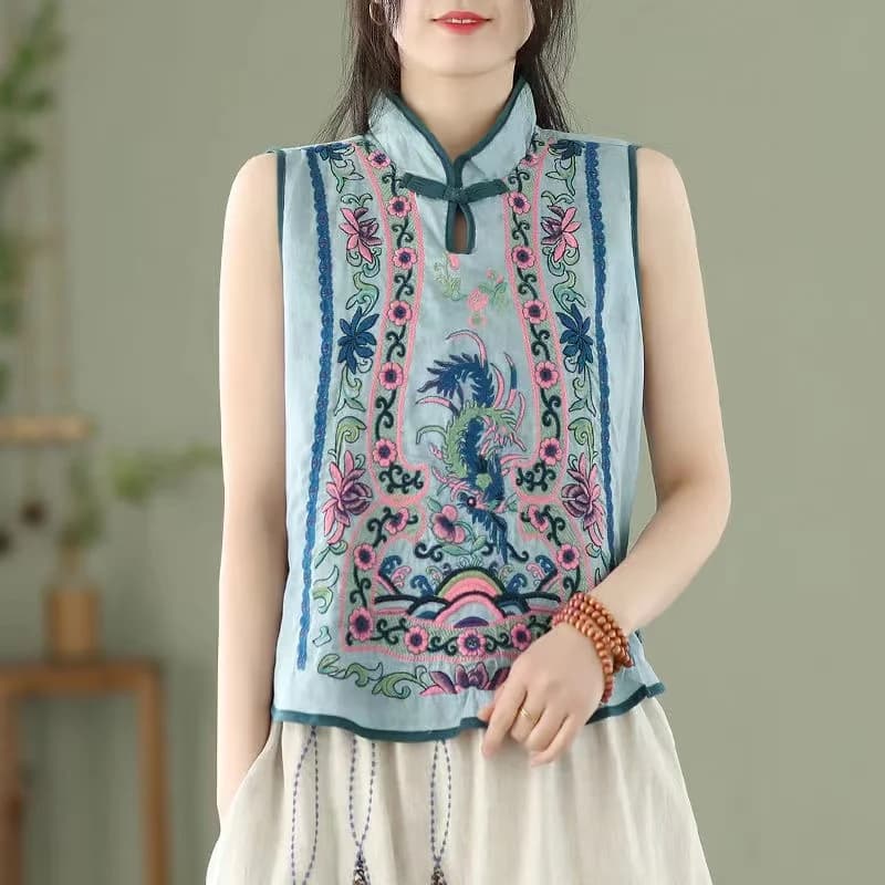 Chaleco de lino y algodón con bordado Retro para mujer, jersey de estilo chino, Top de cuello alto exquisito, verano