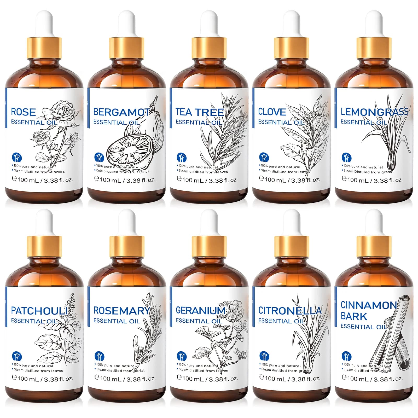 HIQILI Aceite esencial natural de 100 ml, geranio/árbol de té/romero/rosa/vainilla/lavanda/menta, utilizado para humidificadores/difusores