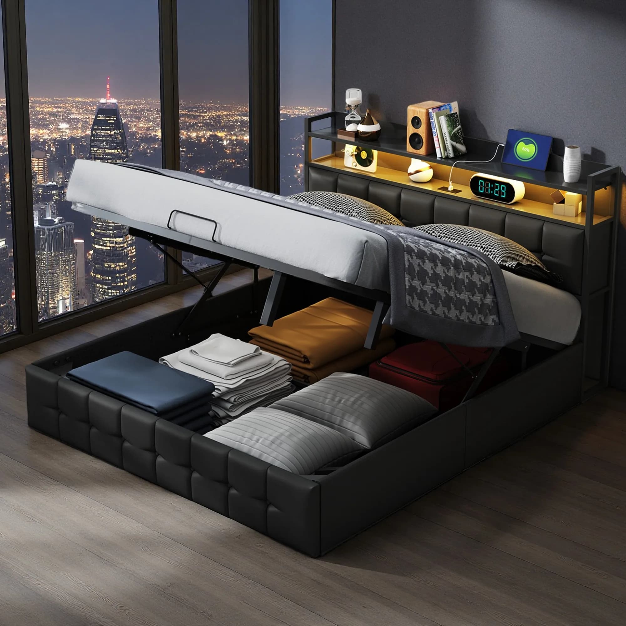Rosahqnda Cama doble con iluminación LED y USB, 140x200cm, Cama tapizada con varilla hidráulica, para jóvenes, adultos, PU negro, tela de lino