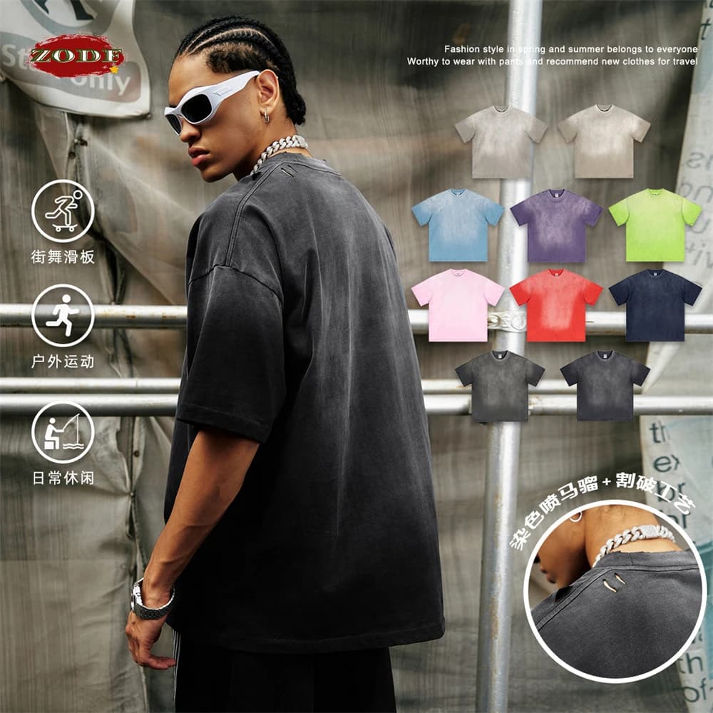 ZODF-camisetas degradadas lavadas para hombre y mujer, camisa desgastada de algodón de 250GSM, ropa de calle de marca, 2024, HY0814