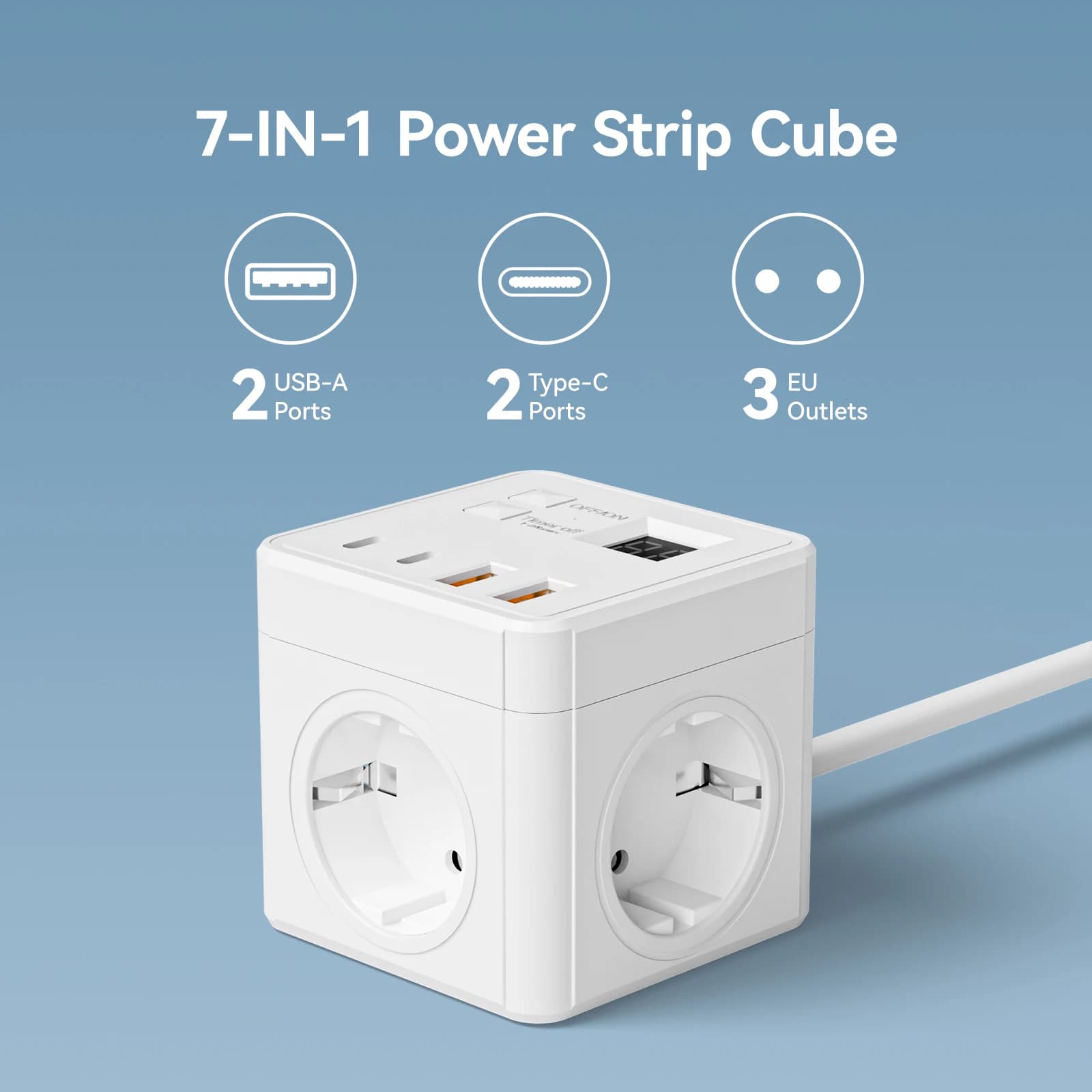 1 regleta UE 7 en 1, protector contra sobretensiones de regleta, cable de extensión de 1,5 m, 3 salidas de CA 3 USB 1 tipo C, carga de escritorio