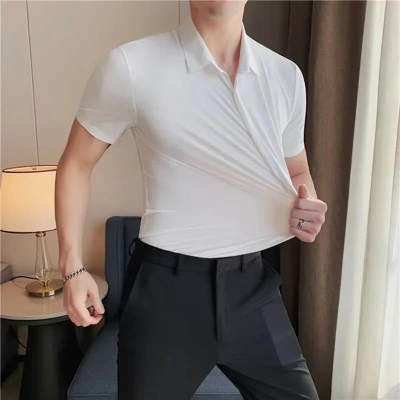 Camisa de manga corta ajustada ultra elástica para hombre Camisa de manga corta de color sólido transpirable elástica resistente a la abrasión
