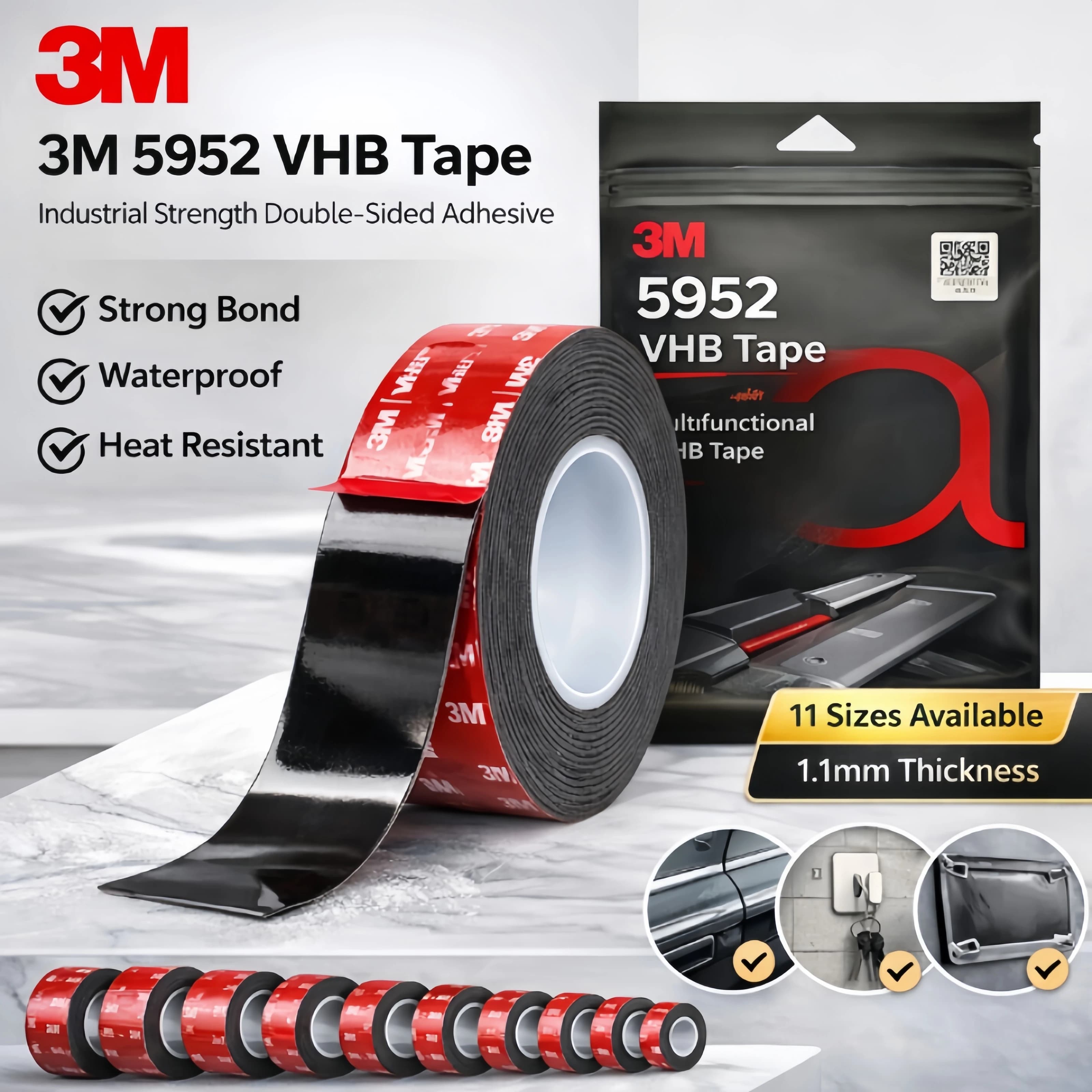 Cinta Adhesiva de Doble Cara 3M 5952 VHB Original, Cinta de Espuma de Alta Adhesión, 1.1 mm de Grosor, Resistente al Agua y al Calor, para Montaje en