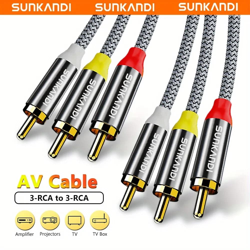 SUNKANDI Cable RCA de audio y vídeo, 3RCA macho a 3RCA macho Cable de audio AV chapado en oro de 24 quilates para altavoz, amplificador, reproductor