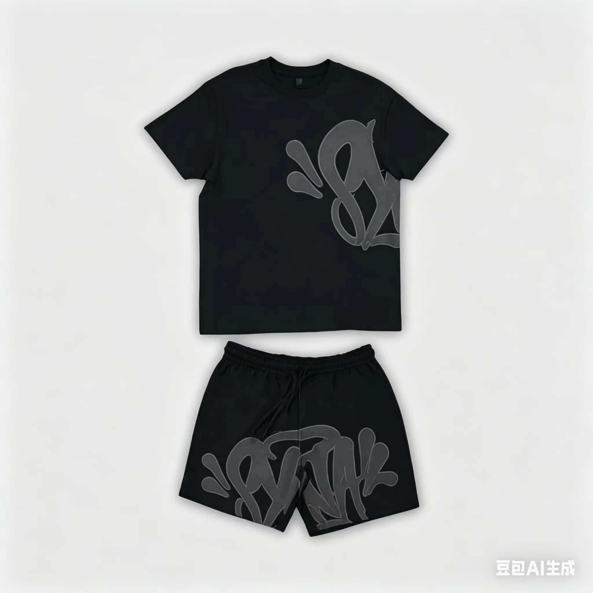 Conjunto Deportivo de 2 Piezas para Niños, Estilo Verano 2026, Unisex, con Estampado Abstracto de Graffiti, Camiseta Negra y Pantalones Cortos con