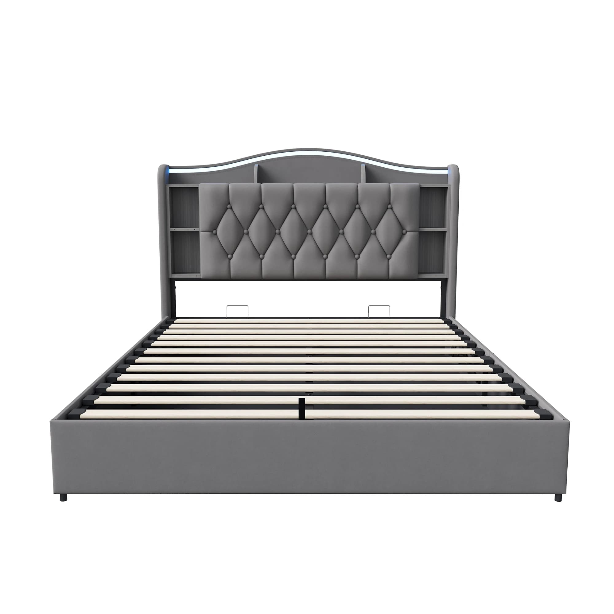 Cama Hidráulica de Terciopelo Comanlai con Estructura de Listones, Cabecera con Compartimento de Almacenamiento, LED y Estación de Carga USB, Cama