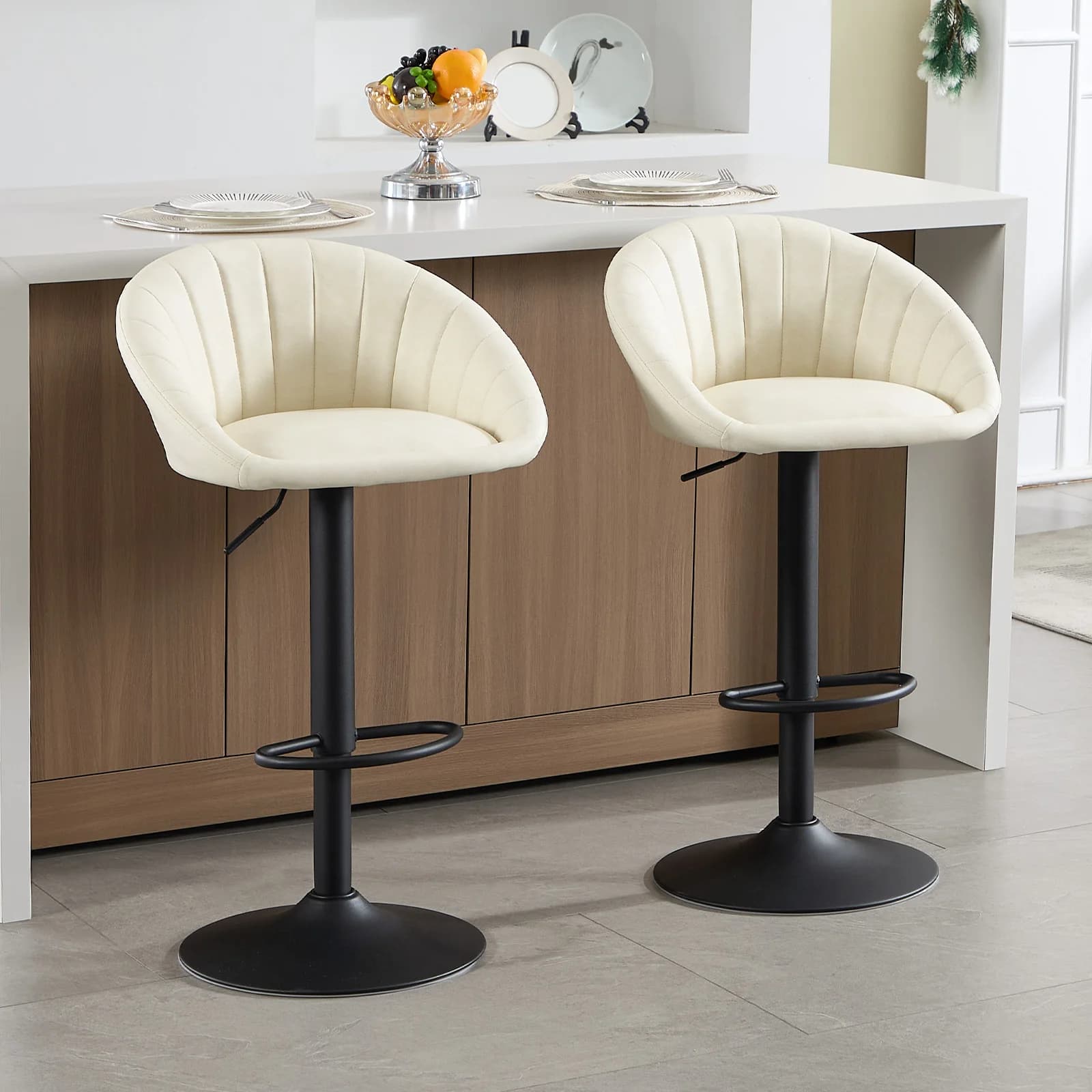 WOLTU Juego de 2 taburetes de bar ajustables en altura, taburetes de cocina de terciopelo/cuero sintético, silla de bar ergonómica giratoria 360°