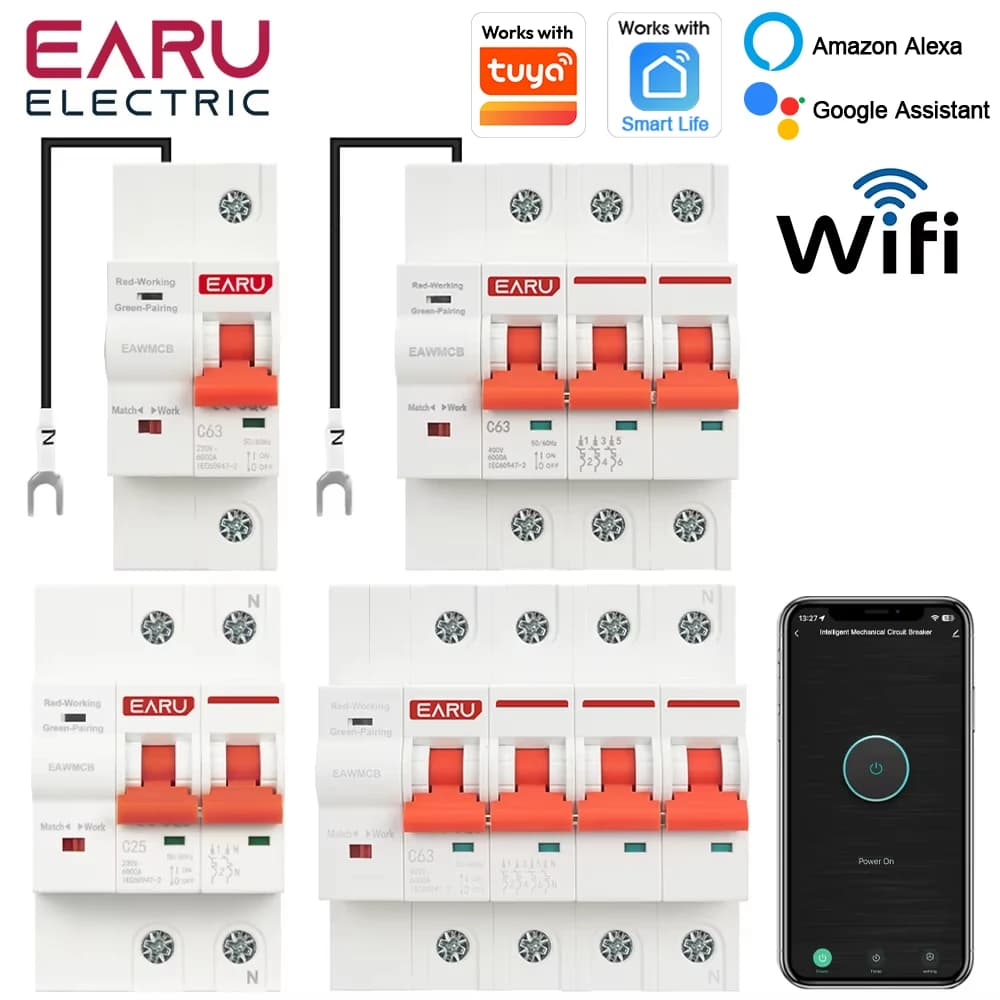 Interruptor de Circuito Inteligente WiFi con App Tuya, MCB 1/2/3/4P 63A 100A, Protector de Sobrecarga y Cortocircuito, Temporizador, Control Remoto