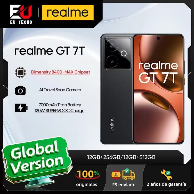 Versión EU del teléfono inteligente realme GT 7T 5G con Dimensity 8400-MAX, pantalla de 6.8 pulgadas y 120Hz, batería de 7000mAh con carga