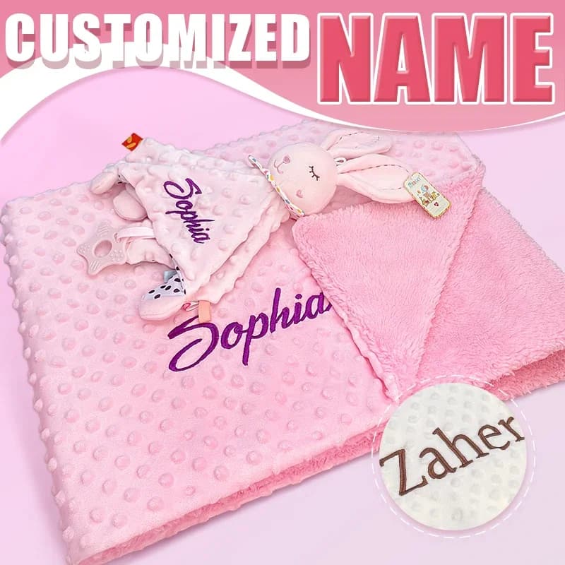 Manta de Bebé Minky con Nombre Bordado Personalizado y Juego de Peluche de Conejito, Manta de Seguridad Personalizada para Recién Nacidos, Regalo