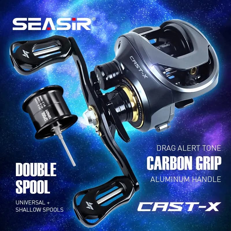 Carrete de pesca SEASIR Cast-X Baitcasting 7,3: 1 HS relación de engranaje doble carrete de aluminio agarre de carbono Metal BFS Micro bobina de