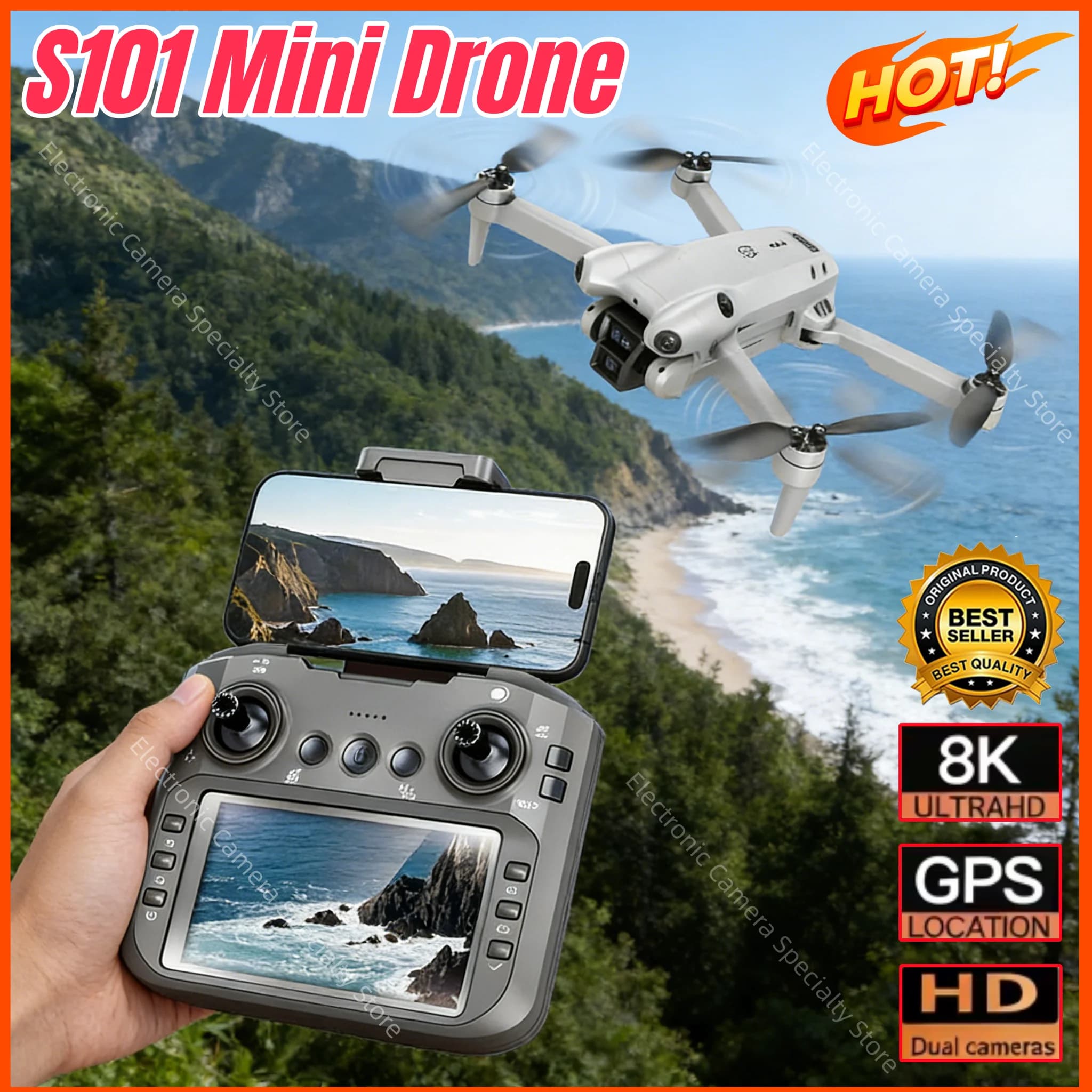 Dron S101 8K con Cámara Dual, Dron Profesional con WiFi 5G 120 °   Dron Cuatricóptero ESC Gran Angular con Pantalla y Evitación de Obstáculos