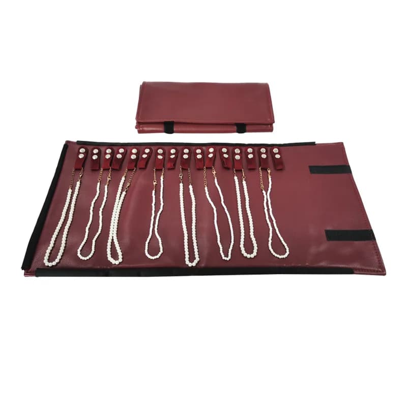 Bolsa de almacenamiento de joyas de PU roja, rollo de bolsa de viaje, organizador de cadena de cuentas, bolsa de exhibición, embalaje de pulsera,