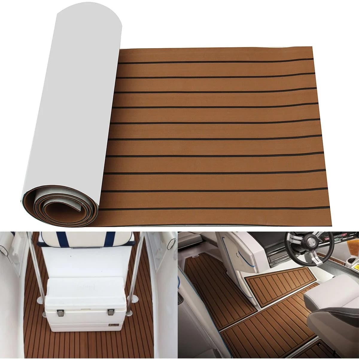Cubierta de teca de espuma autoadhesiva de 2,4 M, suelo marino de espuma EVA, accesorios de hoja de cubierta de barco de imitación, marrón marino y