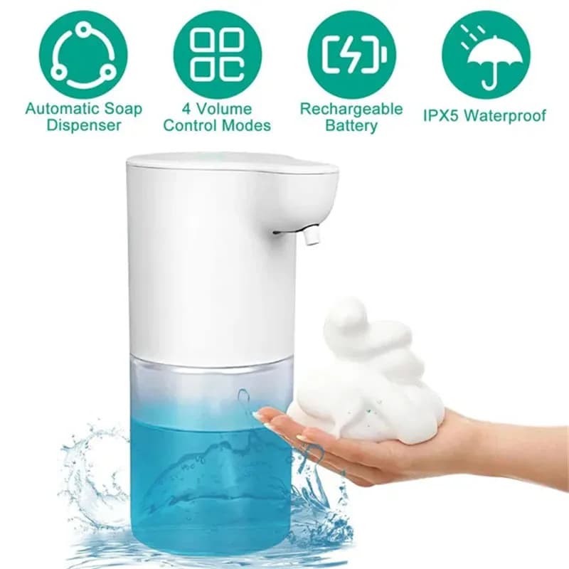 Dispensador automático de jabón de espuma recargable, manos libres sin contacto, IPX5, resistente al agua, volumen ajustable de 4 niveles,