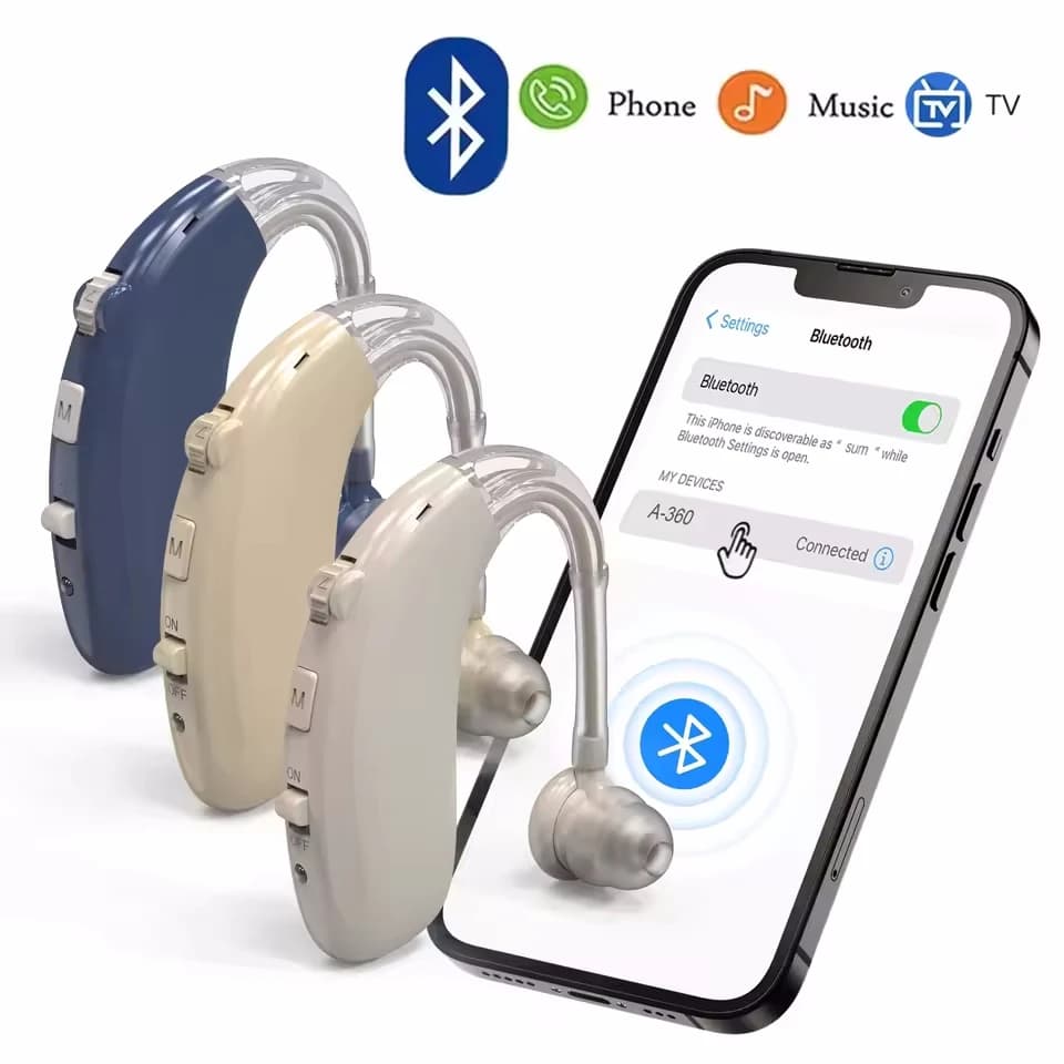 Nuevo mejor audífono recargable con Bluetooth, amplificador de sonido de tono ajustable, audífonos digitales BTE portátiles para personas mayores