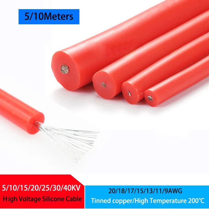Cable de silicona de alto voltaje CC de 5/10 metros 5/10/15/20/25/30/40KV 20/18/17/15/13/11/9AWG resistencia al calor 200 ℃   Cable de bujía rojo