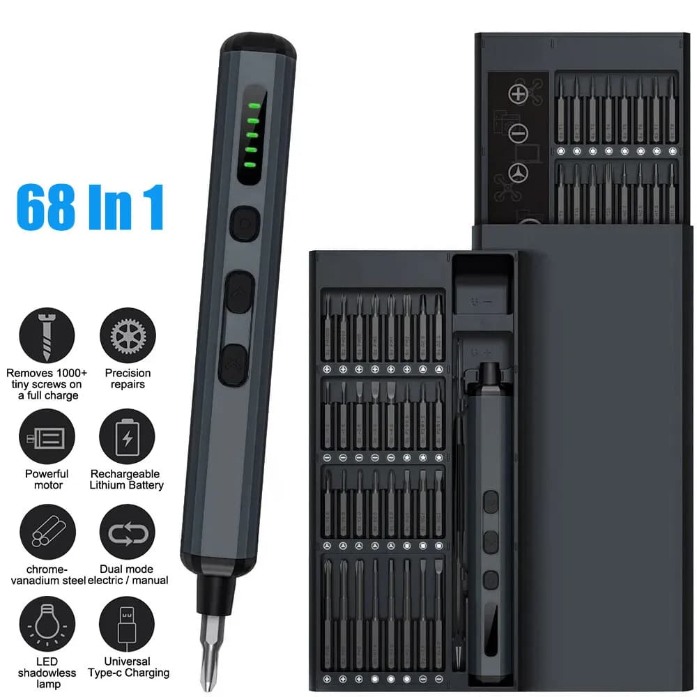 Juego de 68 Destornilladores Eléctricos de Precisión Pequeños con 68 Brocas Magnéticas y 5 Niveles de Torque con Luces LED
