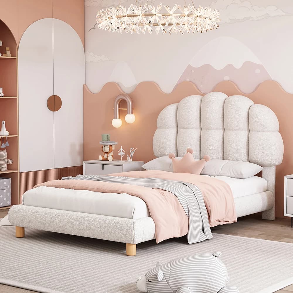 KOMHTOM Cama Individual Blanca de 90x200 cm, Cómoda y Segura para Niños y Adolescentes, con Somier de Madera Estable, Resistente y Suave, Circular,