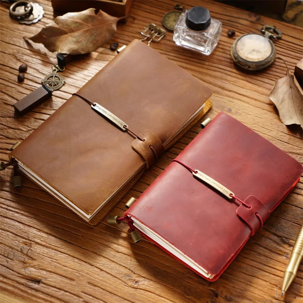 Diario de viaje de 7 colores y 4 tamaños, cubierta de cuero genuino, cuaderno hecho a mano, diario A5, cuaderno de notas para oficina y escuela,