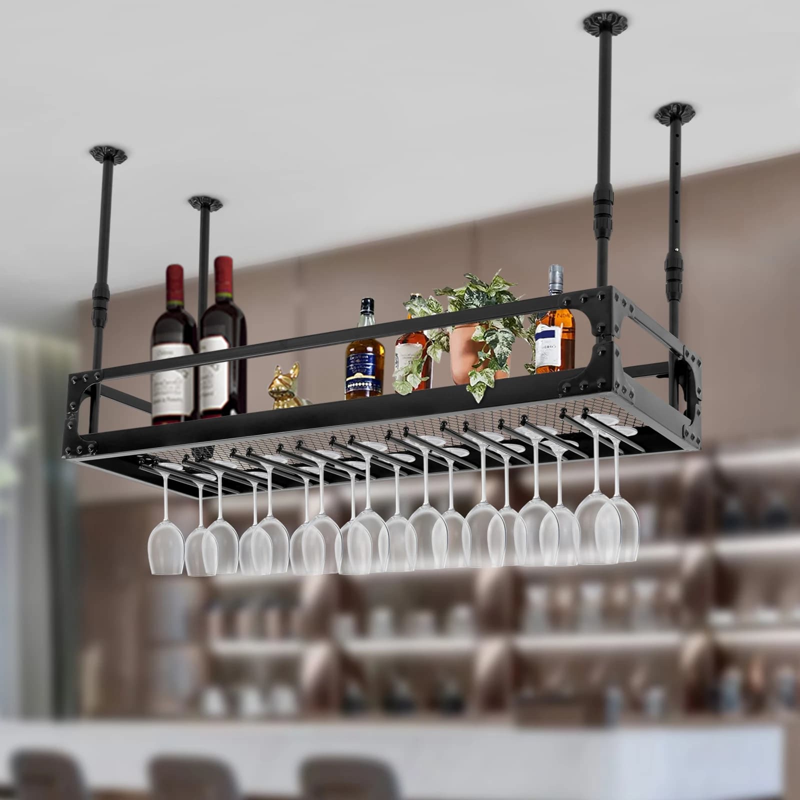 Estante flotante de barra Vintage Industrial de 100cm, soporte para botellas de vino colgante montado en el techo, estante para copa de champán,