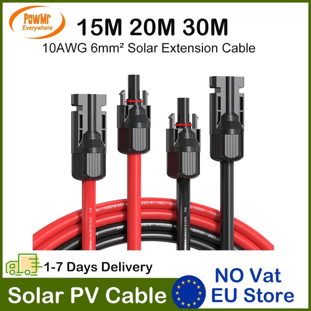 Cable de Extensión Solar de 10AWG 6mm², 5M 10M 15M 20M 30M, Rojo+Negro, Ambos Extremos con Conector Solar Universal IP67, Apto para RV y Barcos