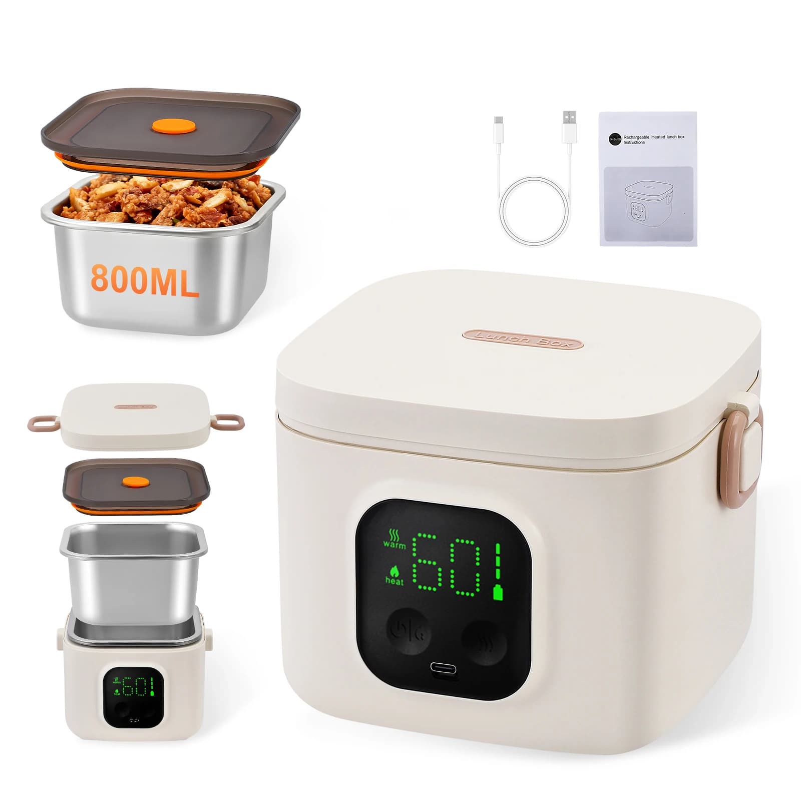 Lonchera Eléctrica de 800 ml con Batería de 16000 mAh, Interior de Acero Inoxidable 304, Calentador de Comida Portátil para Niños, Adultos,