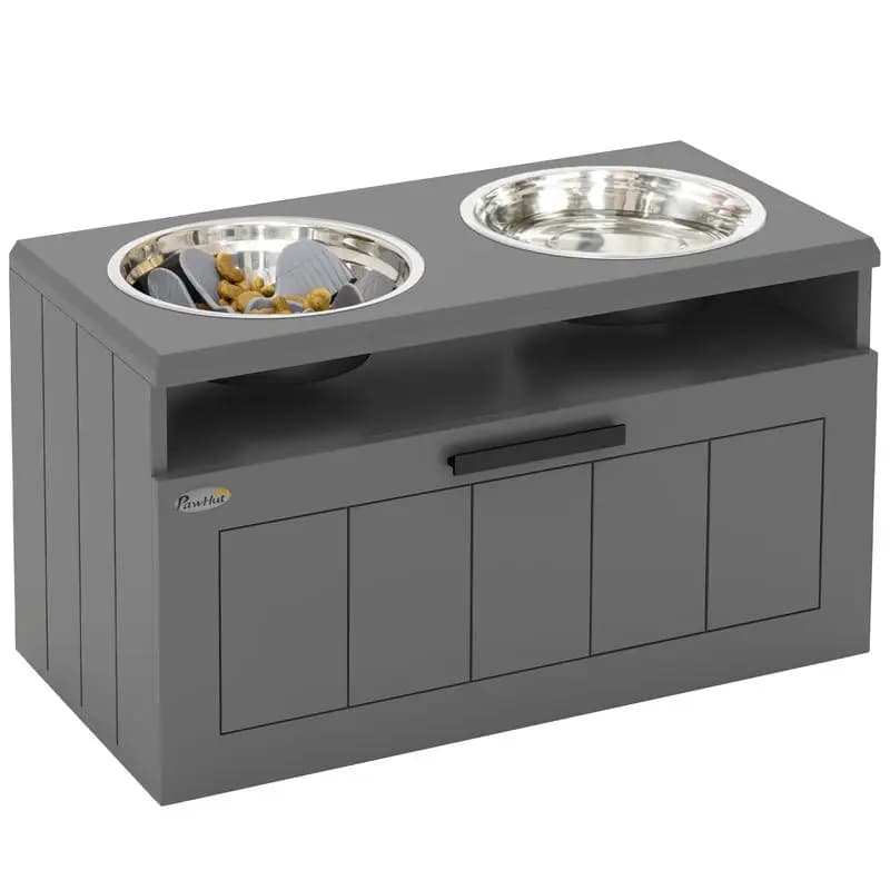 Comedero para perros grandes, con 2 cuencos de acero inoxidable, cajón, dispensador de comida para mascotas, MDF, acero, gris