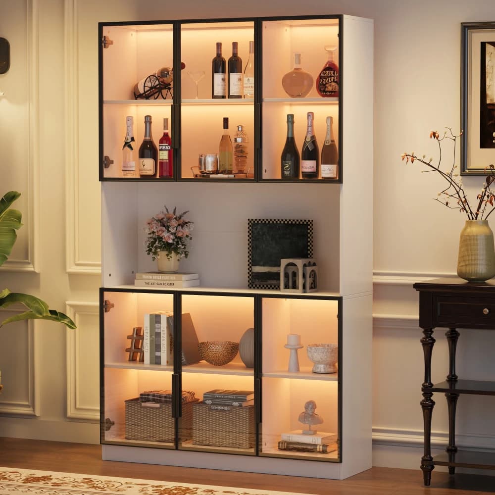 Vitrina de 120*34*200cm, con 6 Puertas de Gabinete, Área de Almacenamiento Gratuita, Vitrina de Vidrio con LED, Vitrina Moderna para Sala de Estar