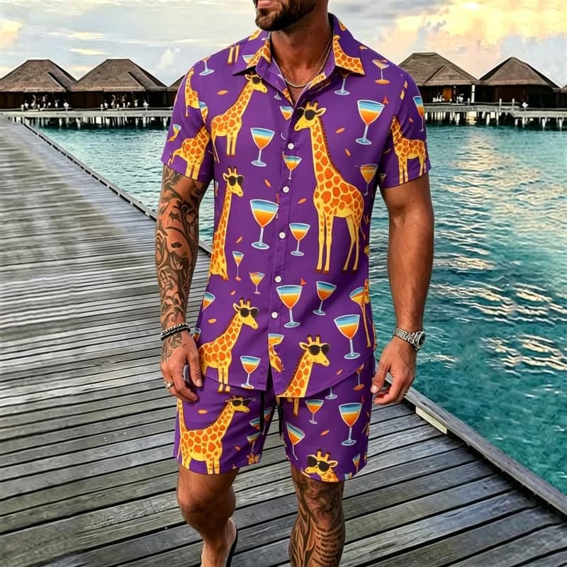 Conjunto de vacaciones con estampado animal, camisa de manga corta y pantalones cortos, ideal para vacaciones en la playa y atuendos tropicales