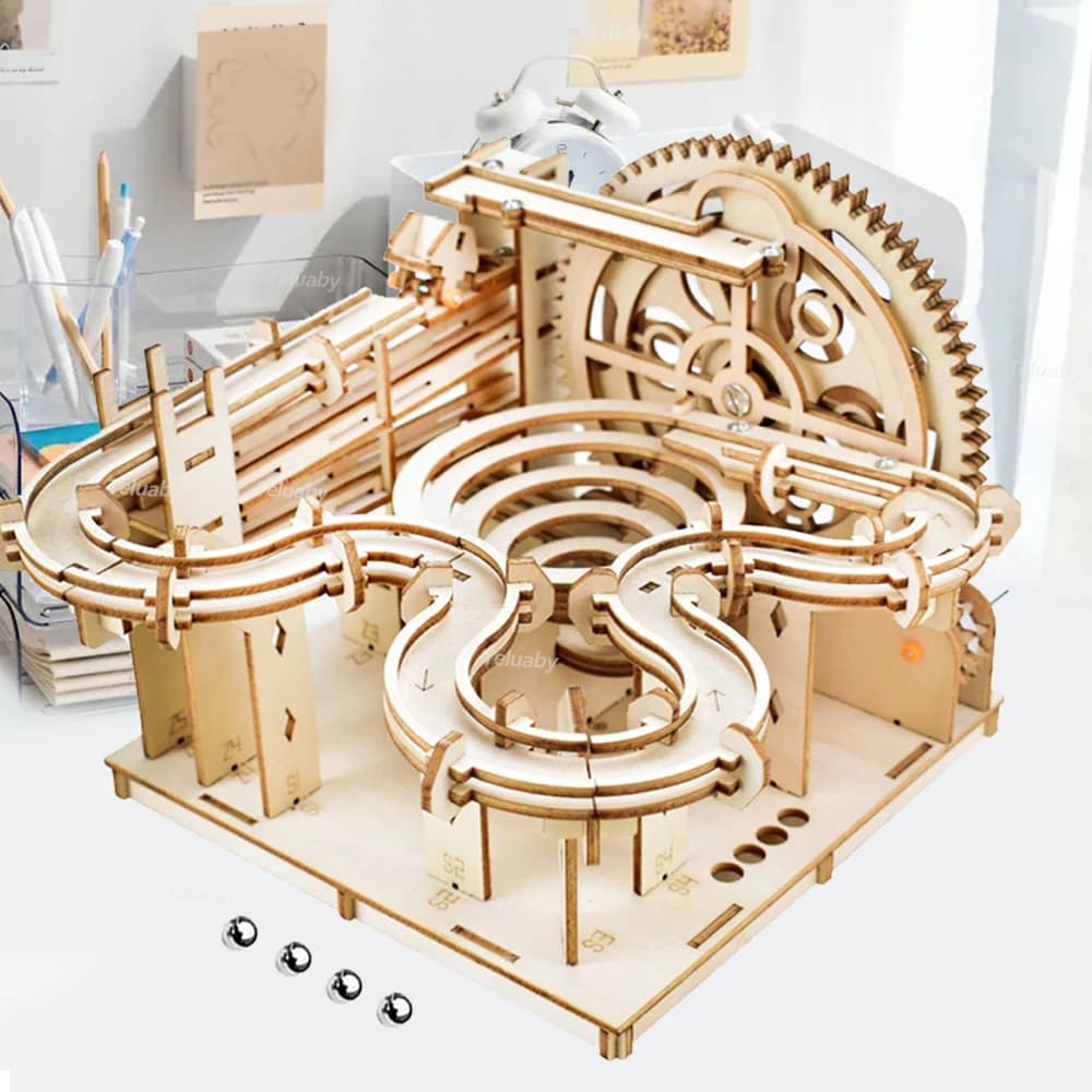Rompecabezas de madera 3D, Kits de construcción de modelos manuales mecánicos DIY, juguetes para montar, juego de carrera de mármol con 4 bolas