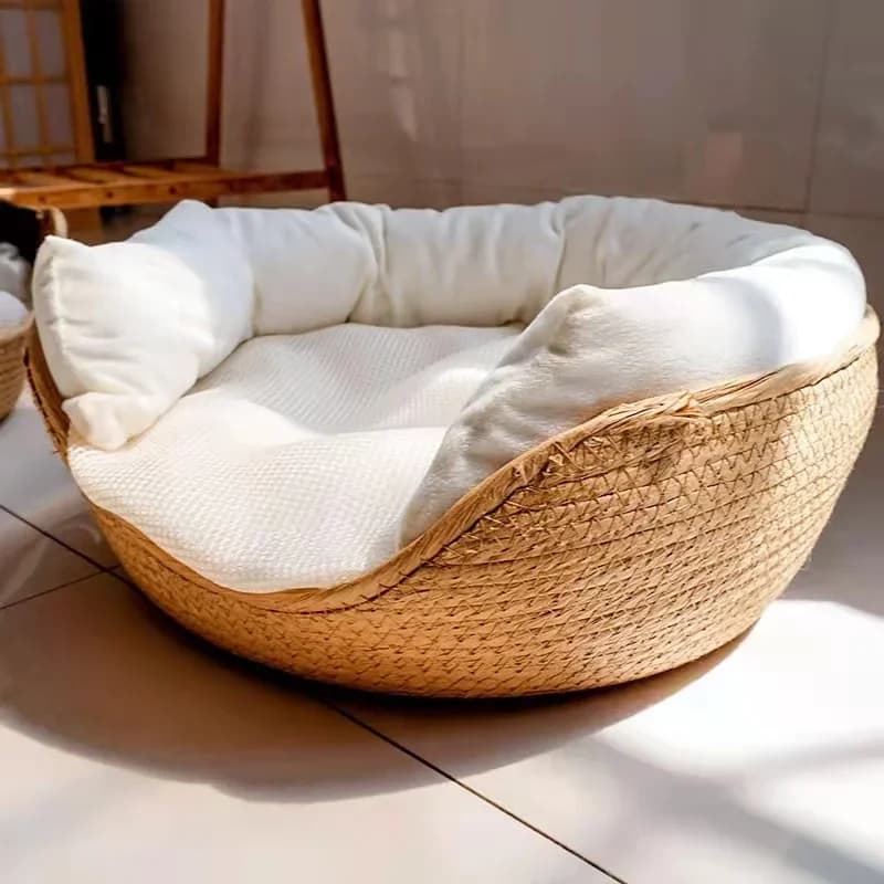 Cesta de ratán para mascotas, colchón de hierba tejida, nido de gato, perrera, tabla de rascar de paja, cama de gato para cachorro y gatito,