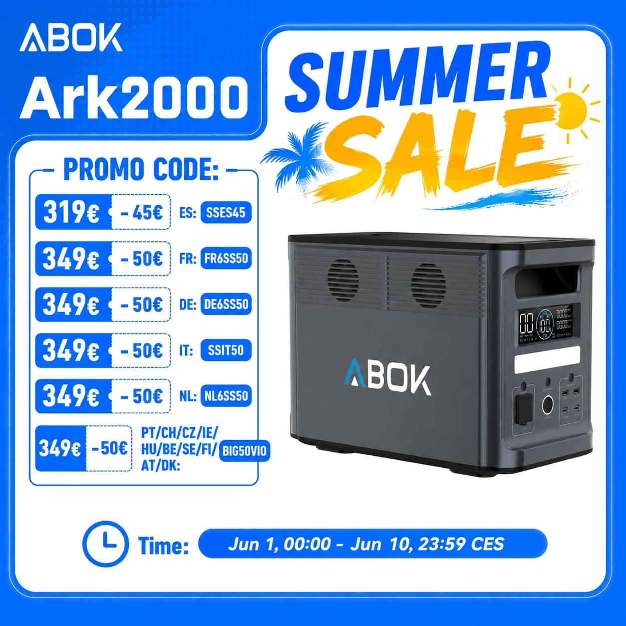 Estación de Energía Portátil ABOK Ark2000 con APP, Batería LiFePO4 de 1536Wh, Salida de CA de Onda Sinusoidal Pura de 2000W, Generador Solar para
