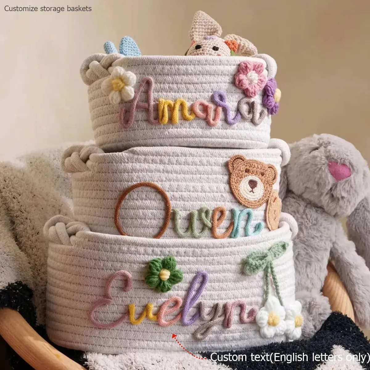 Cesta de almacenamiento de cuerda de algodón hecha a mano con letras personalizadas, cesta de regalo para fiesta, cesta de almacenamiento