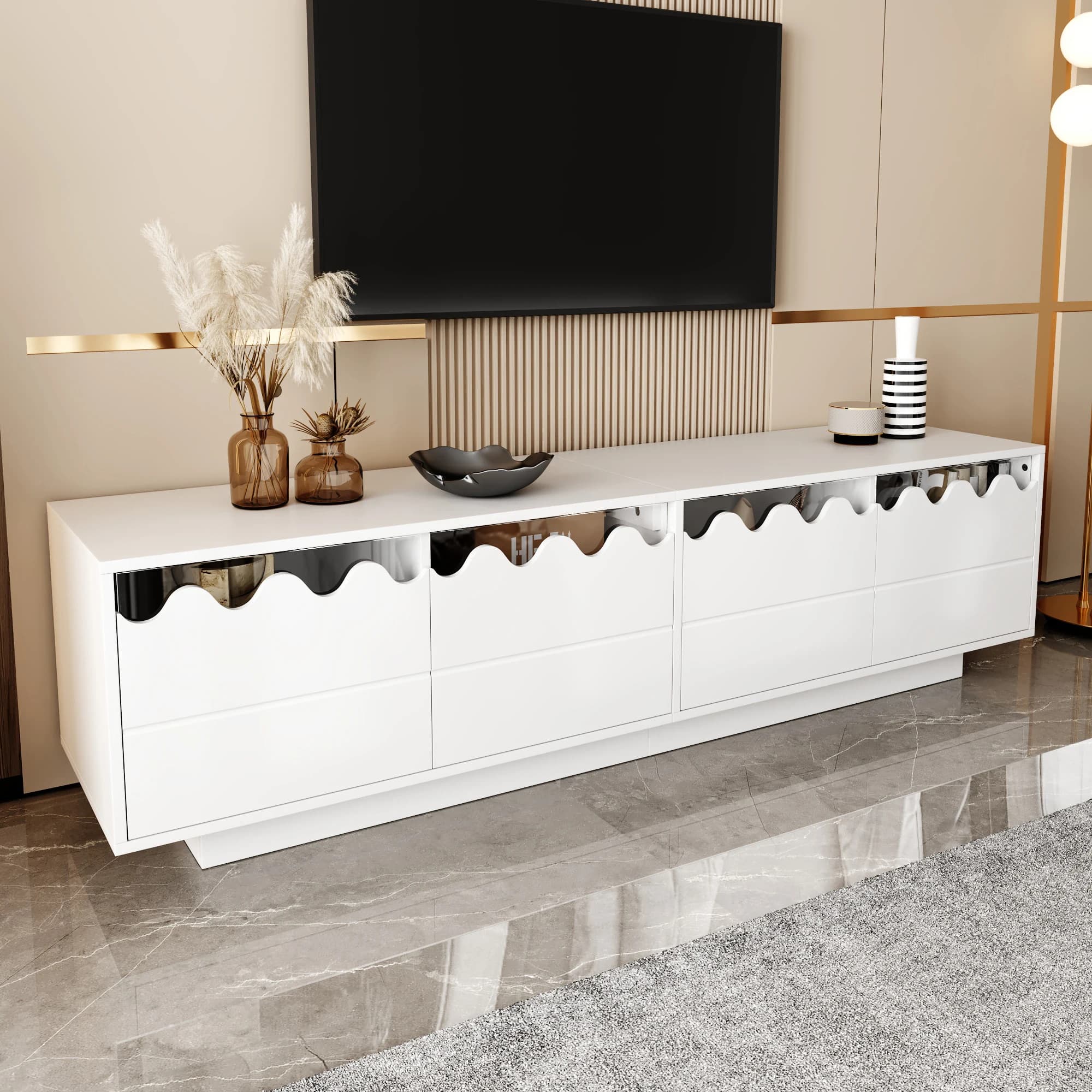Mueble de TV de 4 puertas con compartimentos cerrados, estructura estable, organizador de salón, diseño simple, MDF blanco.