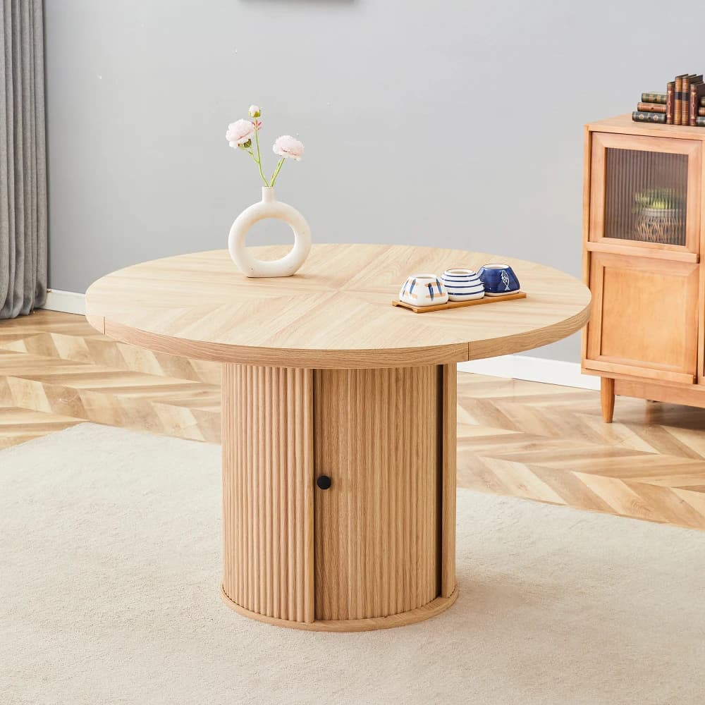 Mesa de Comedor Redonda de 115 cm con Armario de Almacenamiento, Acabado con Efecto Madera, Base de Pedestal de un Solo Pilar con Armario Integrado,