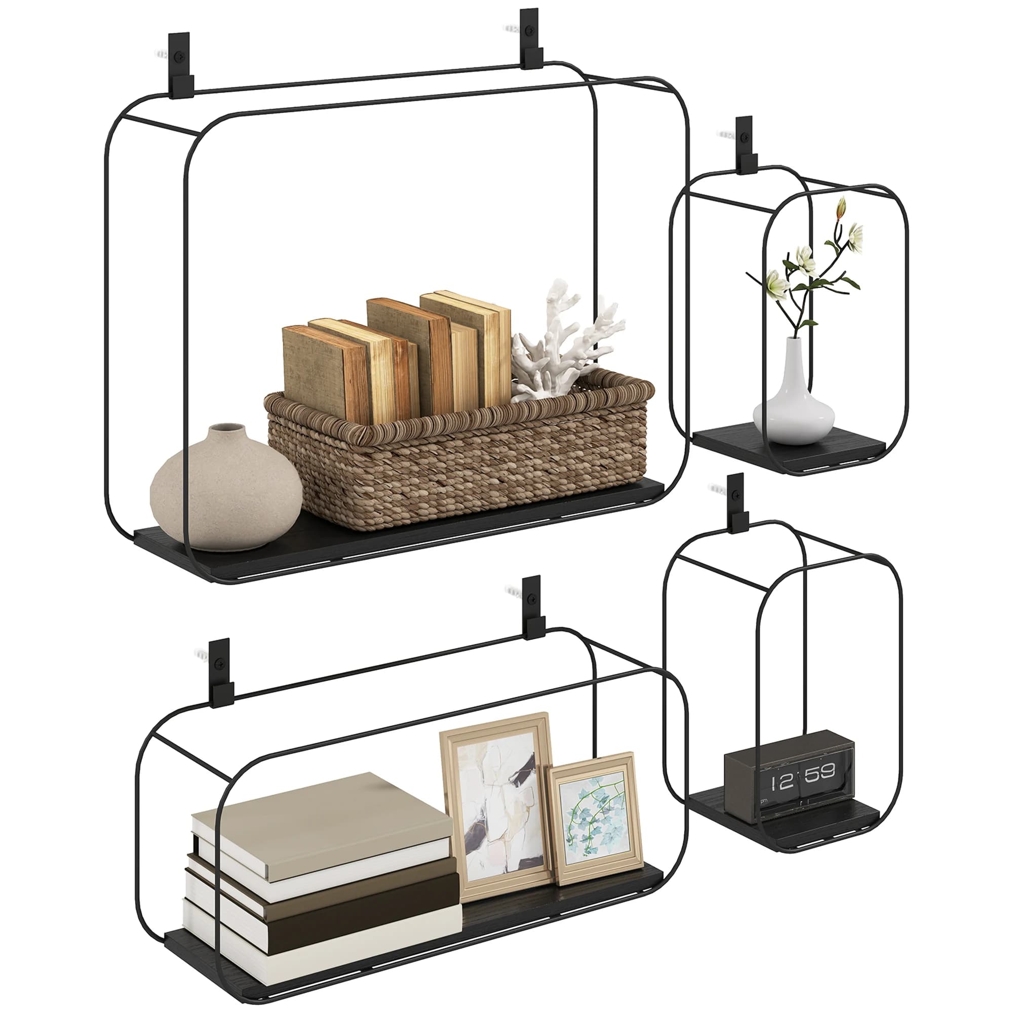 HOMCOM Juego de 4 estantes de pared industriales, estantes flotantes geométricos de metal para la sala de estar, dormitorio y escritorio, color negro