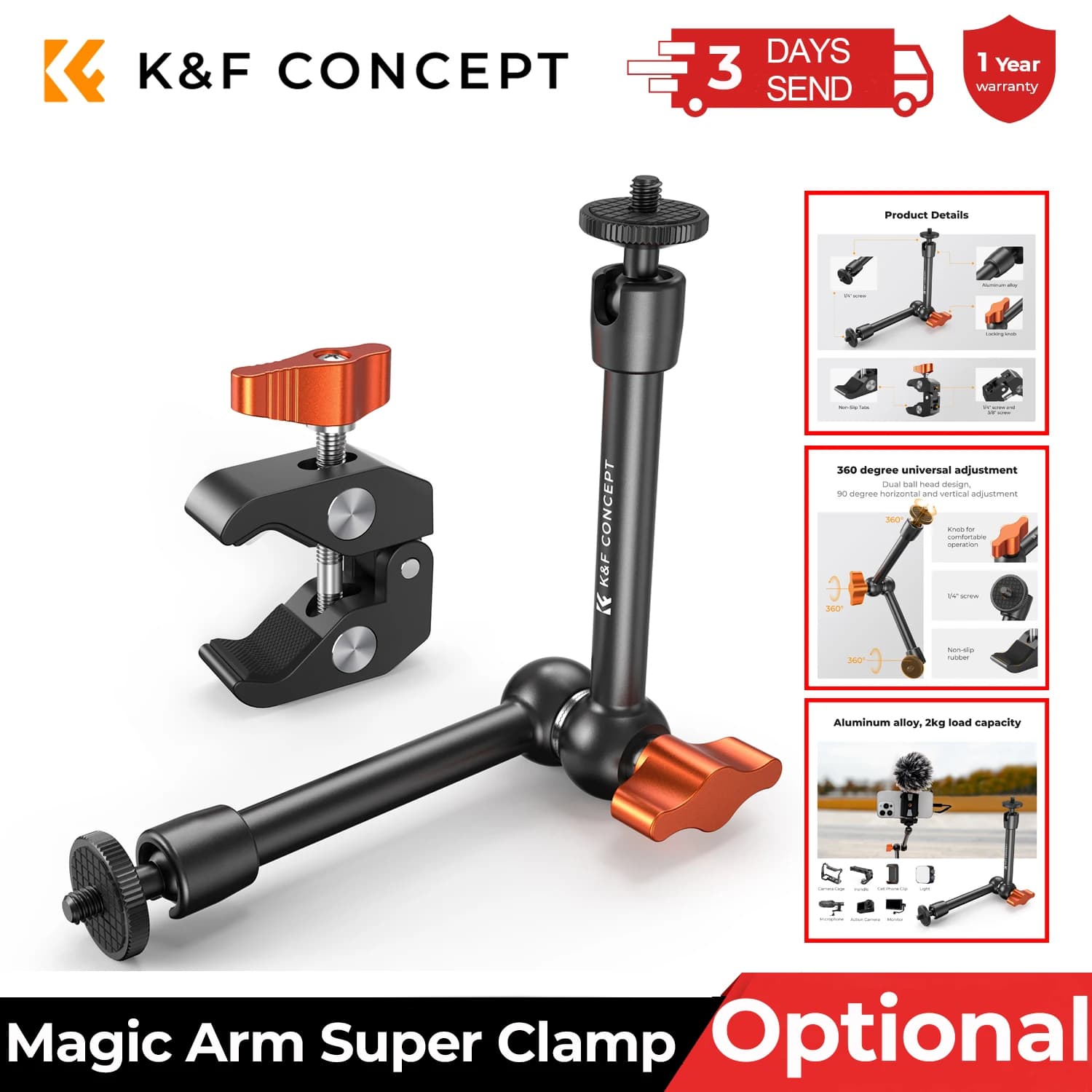 Kit de Brazo Mágico K&F CONCEPT con Súper Abrazadera, Tornillos de Rosca de 1/4" y 3/8", Brazo Articulado de Fricción y Soporte de Montaje de