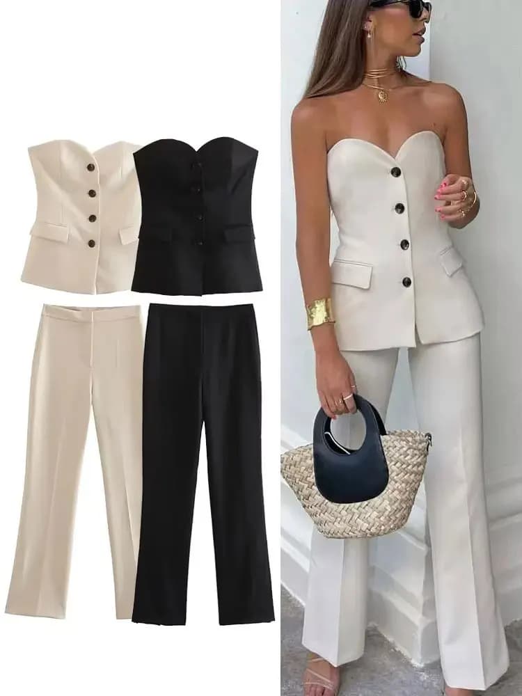 HH-traje de pantalón liso elegante para mujer, camisetas sin tirantes con botón frontal, camisetas sin mangas sexis + pantalón con abertura