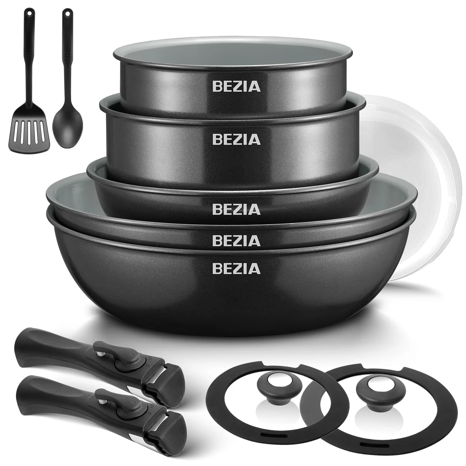 Batería de cocina de inducción Bezia con revestimiento cerámico saludable, ollas y sartenes antiadherentes, juego de 13 piezas con asas