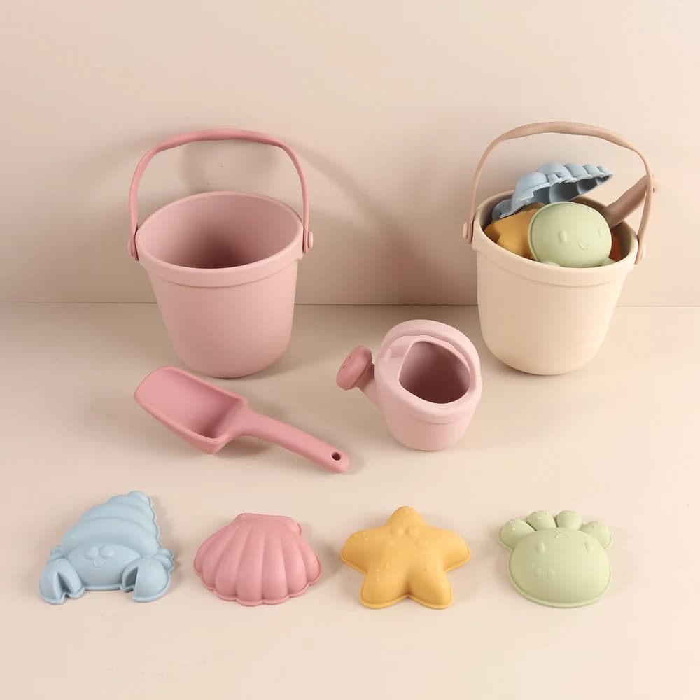 Juguetes de Playa para Niños, Juego de Cubo y Pala para Arena, Moldes de Silicona de Animales Marinos para Jugar en la Arena - Cangrejo, Estrella de