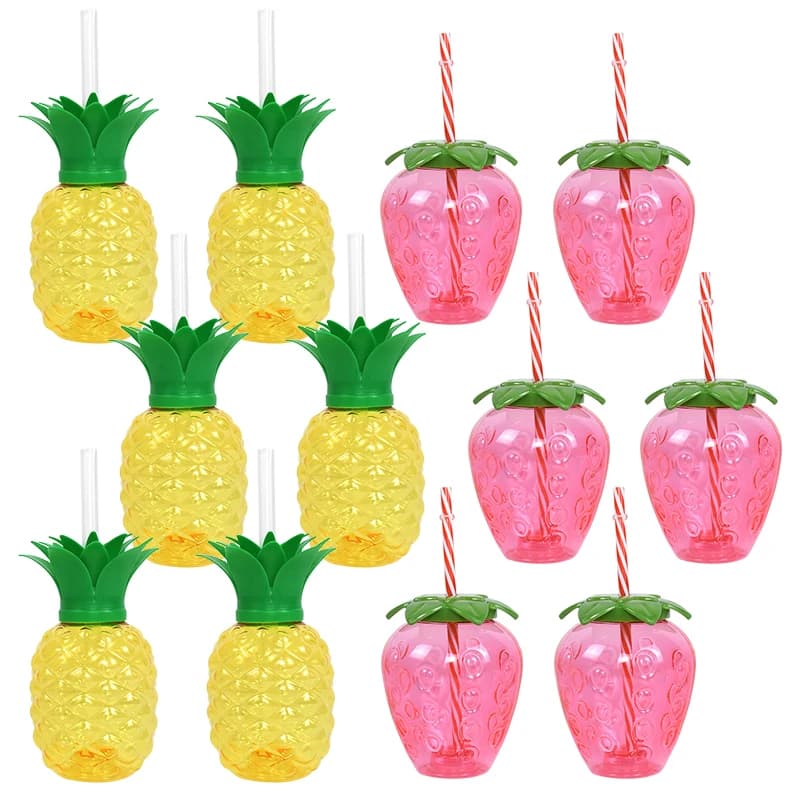 Taza hawaiana de fresa y piña para fiesta de verano con pajita, flamenco Tropical para boda, Luau, decoración para fiesta de cumpleaños, taza para
