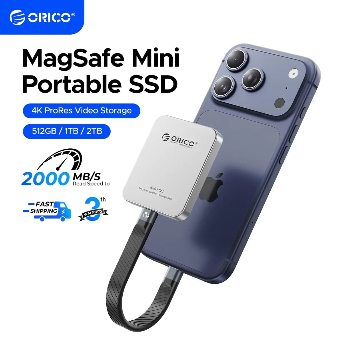 ORICO K20Mini SSD externo magnético para iPhone 17 16 Pro/Max ProRes 2000 MB/s 4K ProRes HDR Record and Store Estado sólido portátil