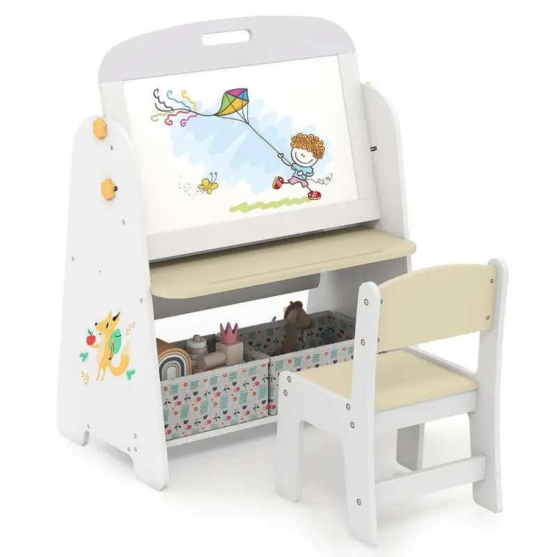 Juego de Mesa y Silla 4 en 1 para Niños, Caballete de Arte con Pizarra Magnética y Estantería - Natural