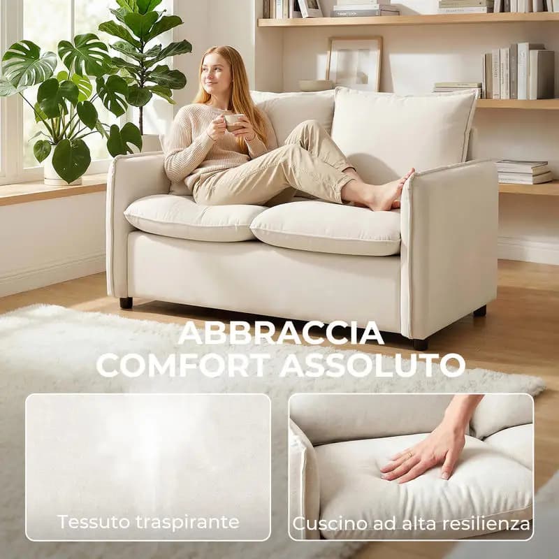 Sofá de 2 plazas color crema 131x73x80cm, cuero sintético transpirable, con reposabrazos y 2 cojines. Banqueta de salón acolchada gruesa, con
