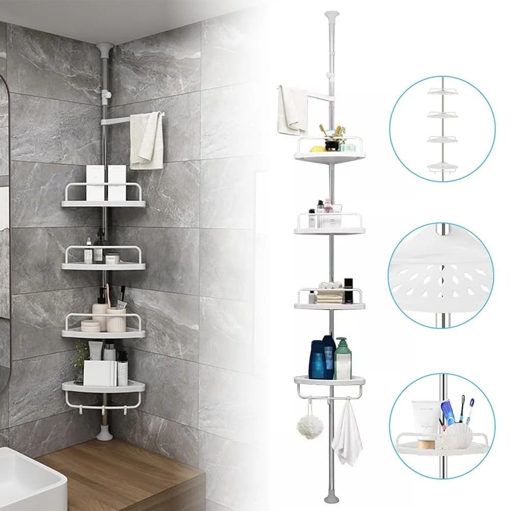 Organizador de Baño de 4 Niveles, Estante Esquinero Telescópico Ajustable de Acero Inoxidable, Soporte para Ducha