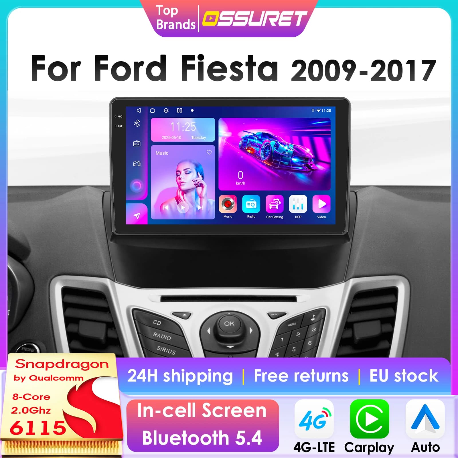 Radio con GPS para coche, reproductor Multimedia con Android, CarPlay, vídeo, pantalla inteligente, 2DIN, autorradio, cámara 2009, para Ford Fiesta