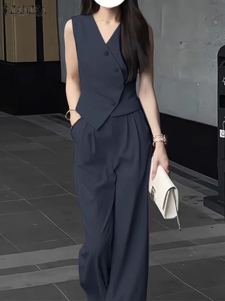 ZANZEA-Conjunto de 2 piezas para mujer, Tops elegantes sin mangas, pantalones de pierna ancha, trajes de oficina sólidos, pantalones de trabajo OL,